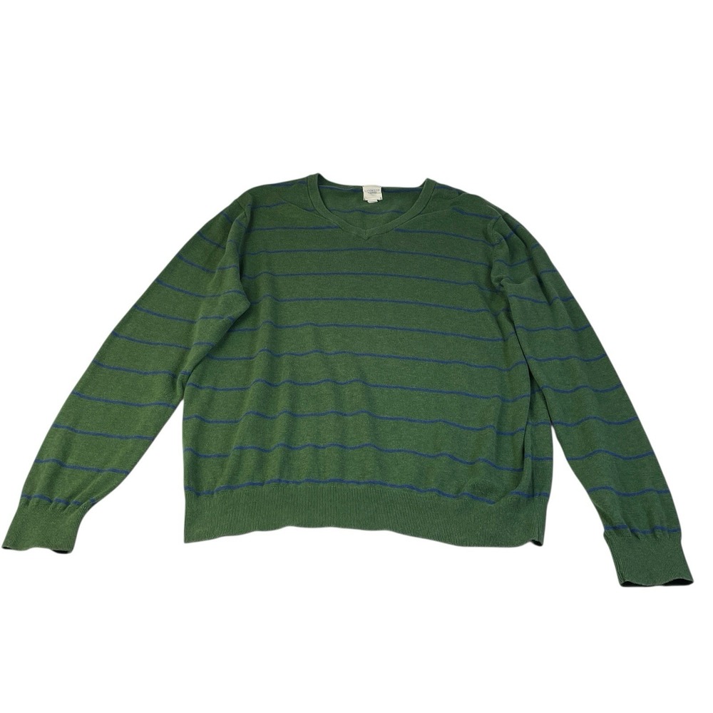 Lands' End Canvas Men's Green Striped V-Neck Sweater Size L Casual Knit
